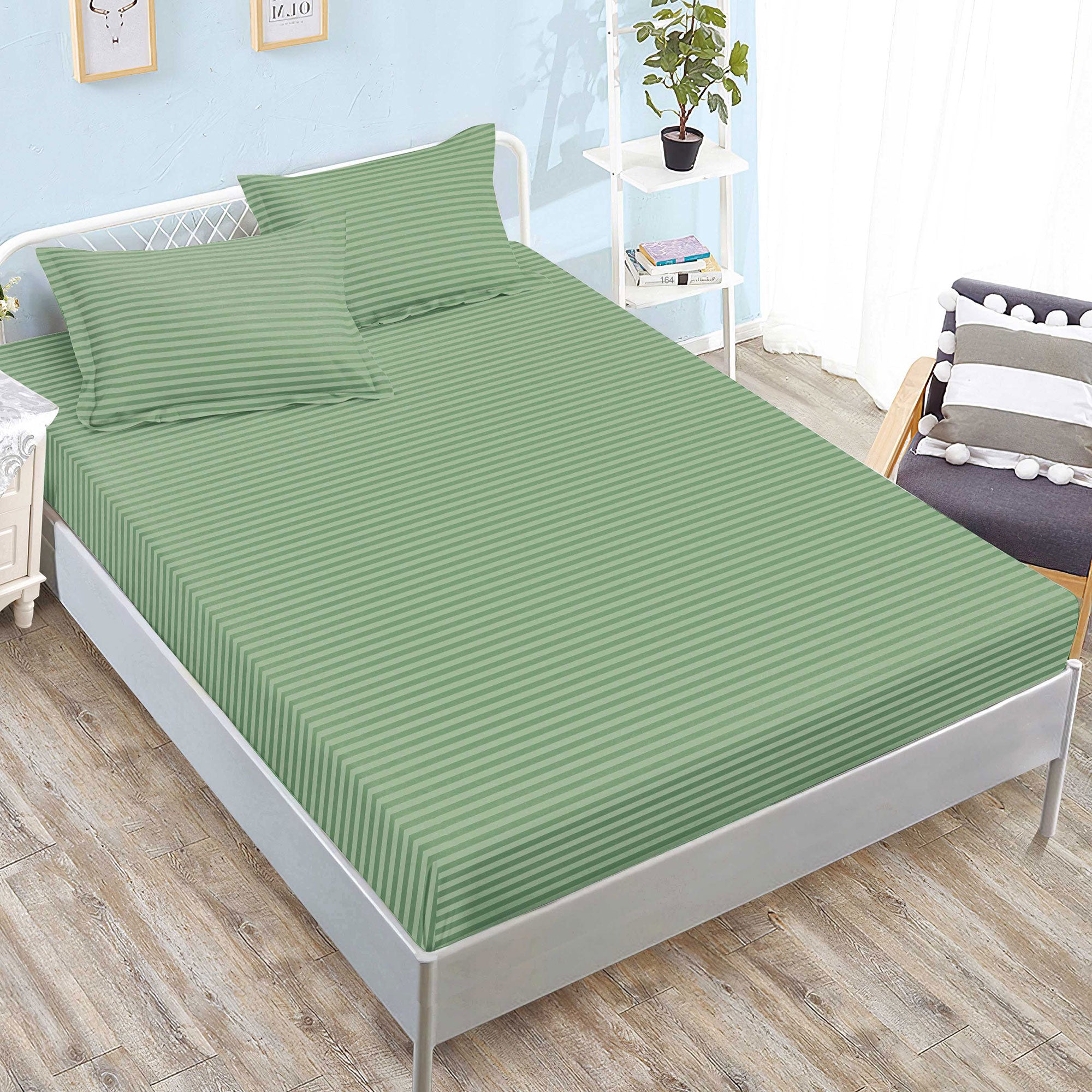 Set husa/cearceaf de pat cu elastic Damasc Policoton Ralex Pucioasa, universal pentru saltea 160x200/180x200 cm si 2 fete perna 50x70 cm Verde