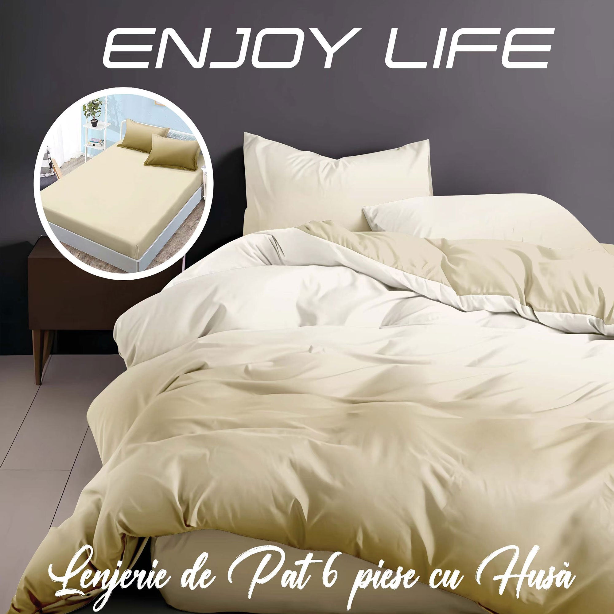 Lenjerie pat dublu Bumbac Finet Gros 6 piese Cearsaf cu elastic universal pentru saltea 160×200/180×200 cm Ralex Pucioasa ENJOY LIFE CREM