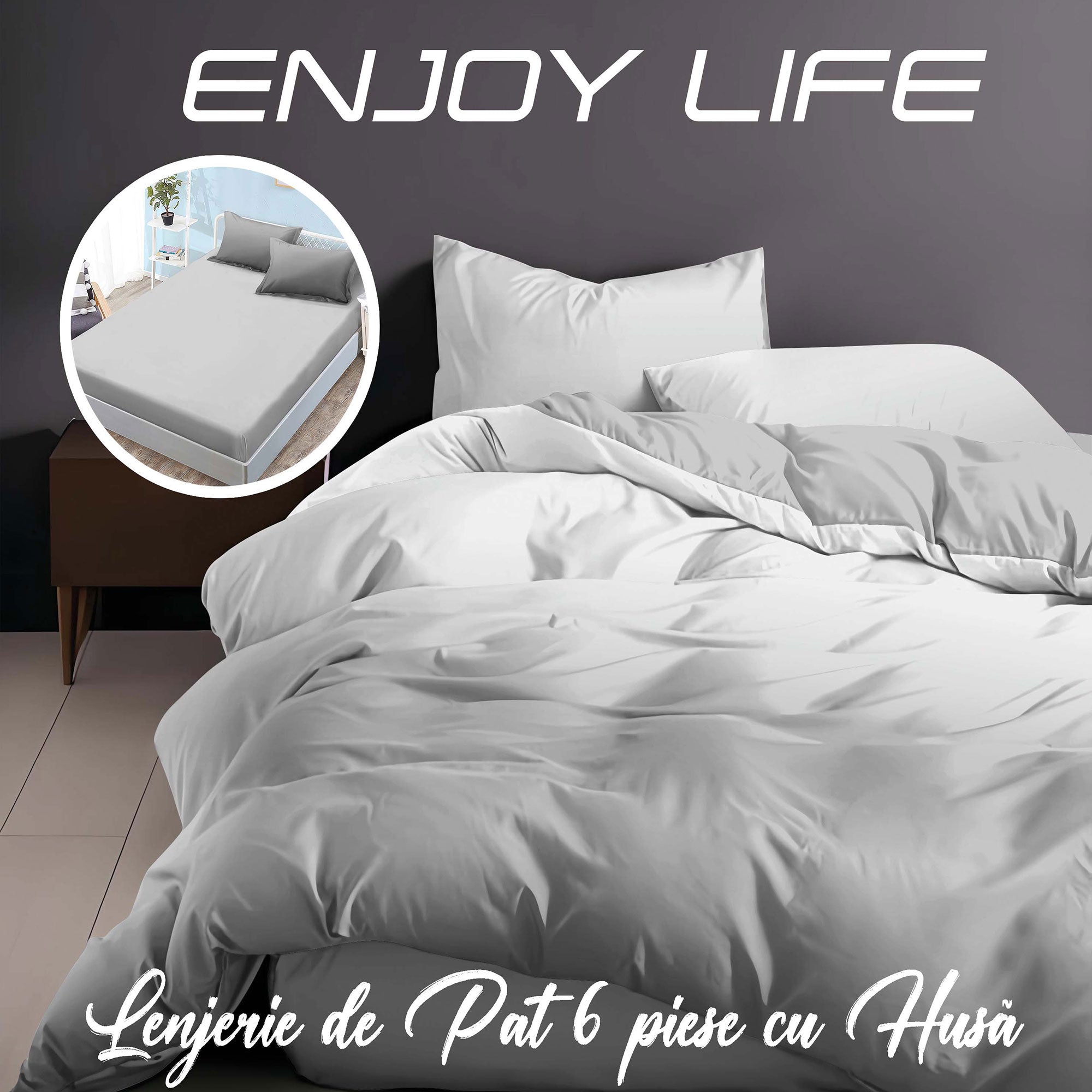 Lenjerie pat dublu Bumbac Finet Gros 6 piese Cearsaf cu elastic universal pentru saltea 160×200/180×200 cm Ralex Pucioasa ENJOY LIFE GRI
