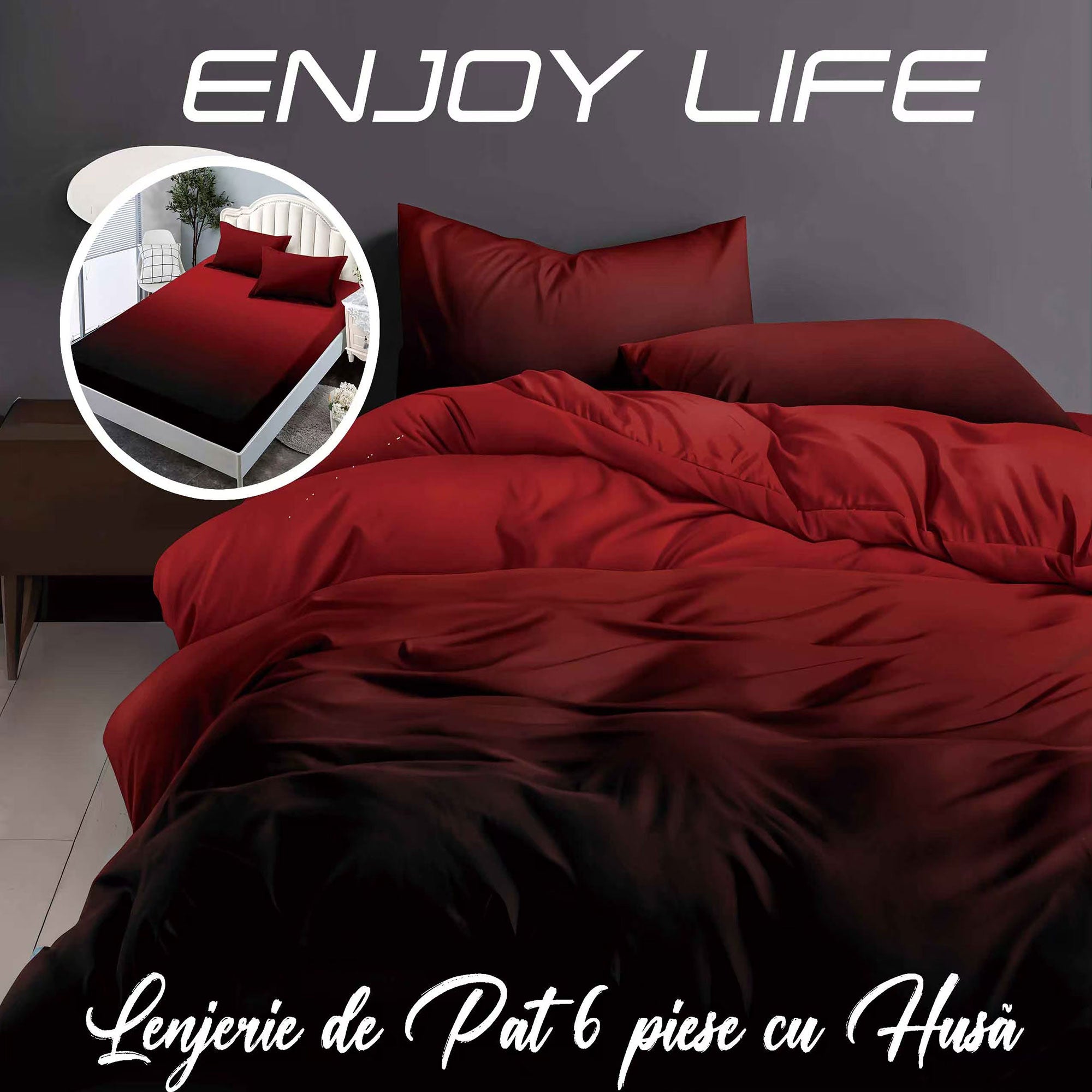 Lenjerie pat dublu Bumbac Finet Gros 6 piese Cearsaf cu elastic universal pentru saltea 160×200/180×200 cm Ralex Pucioasa ENJOY LIFE BURGUNDY
