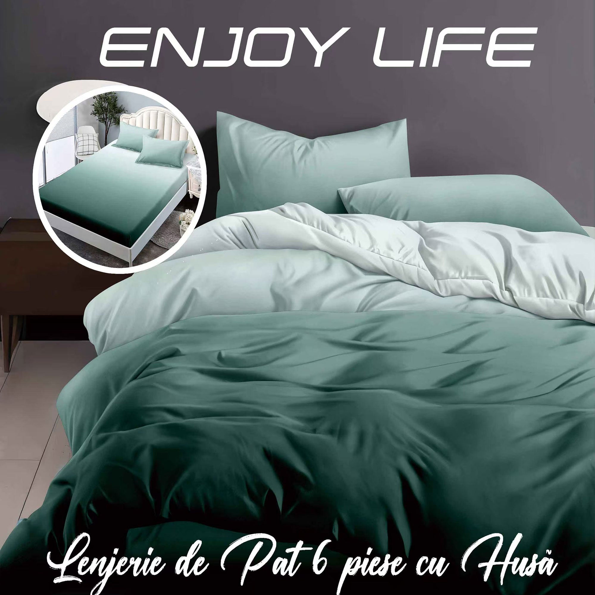 Lenjerie pat dublu Bumbac Finet Gros 6 piese Cearsaf cu elastic universal pentru saltea 160×200/180×200 cm Ralex Pucioasa ENJOY LIFE TURCOAZ