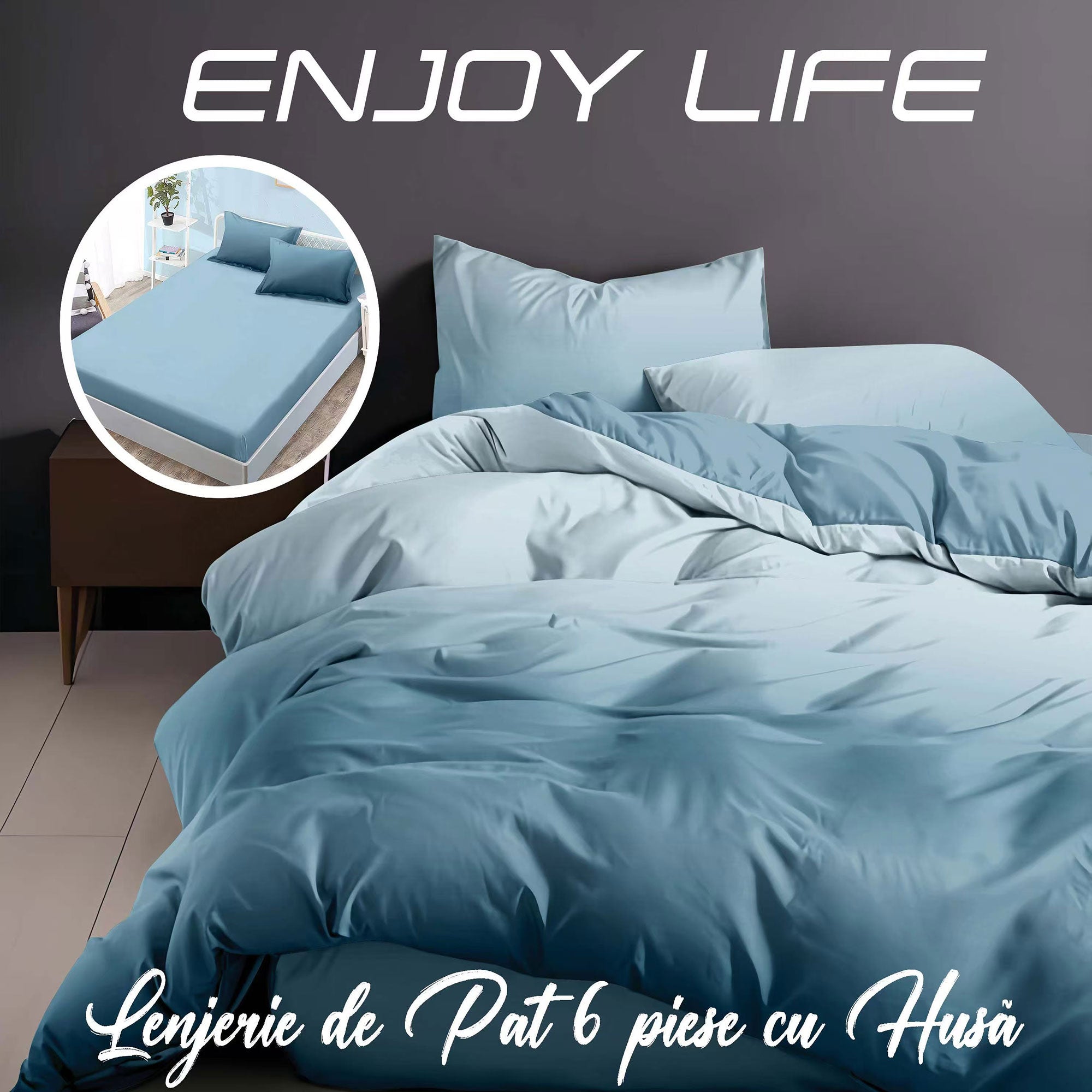 Lenjerie pat dublu Bumbac Finet Gros 6 piese Cearsaf cu elastic universal pentru saltea 160×200/180×200 cm Ralex Pucioasa ENJOY LIFE BLEU