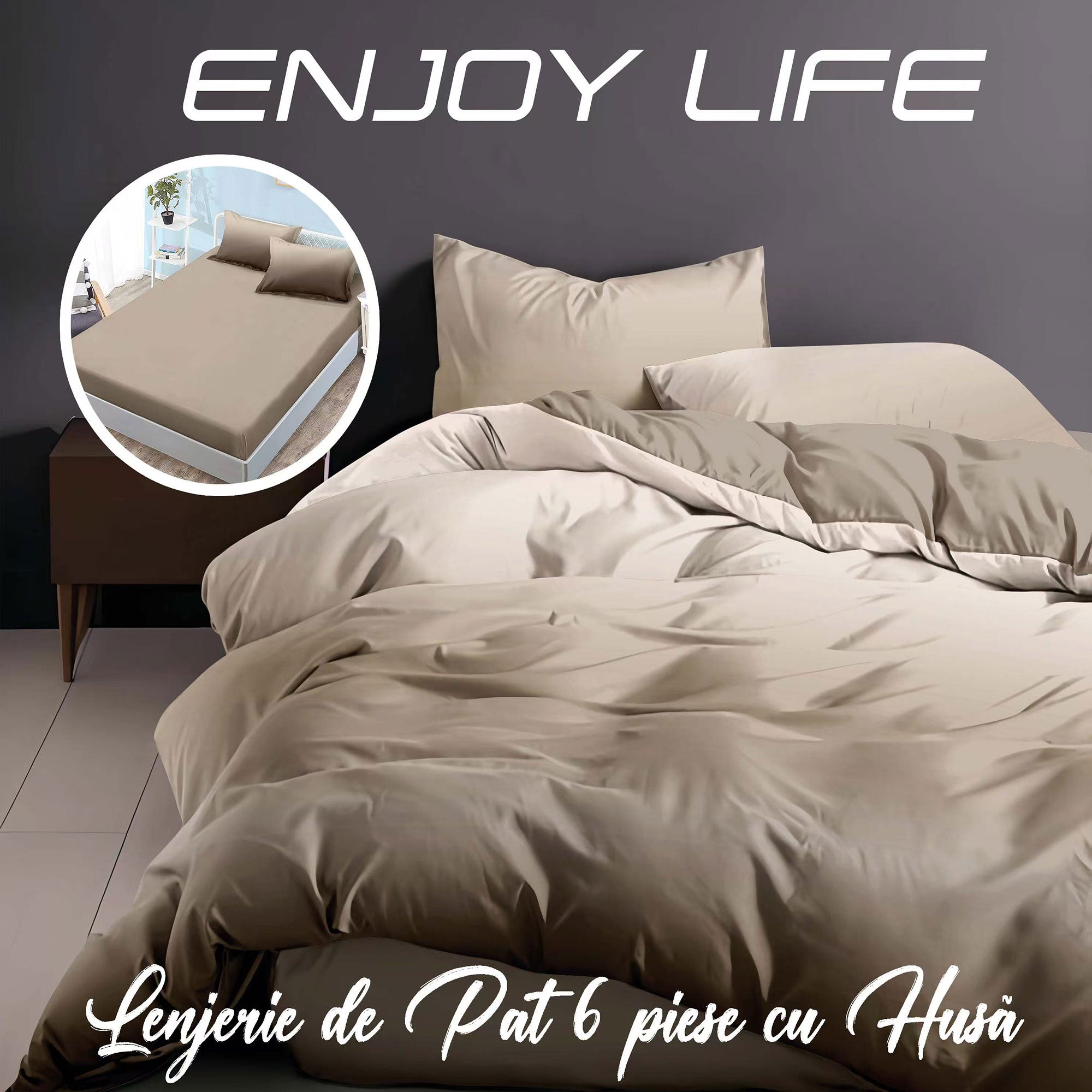 Lenjerie pat dublu Bumbac Finet Gros 6 piese Cearsaf cu elastic universal pentru saltea 160×200/180×200 cm Ralex Pucioasa ENJOY LIFE BEJ