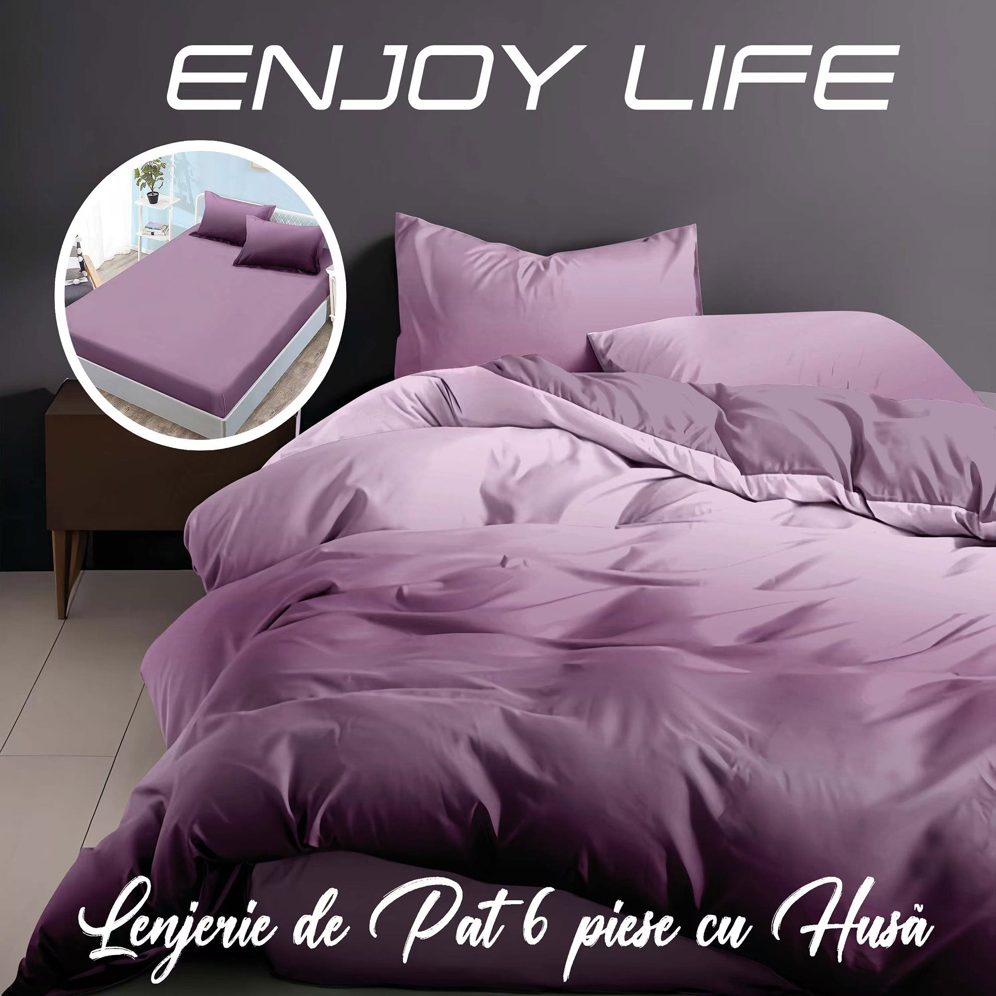 Lenjerie pat dublu Bumbac Finet Gros 6 piese Cearsaf cu elastic universal pentru saltea 160×200/180×200 cm Ralex Pucioasa ENJOY LIFE VIOLET