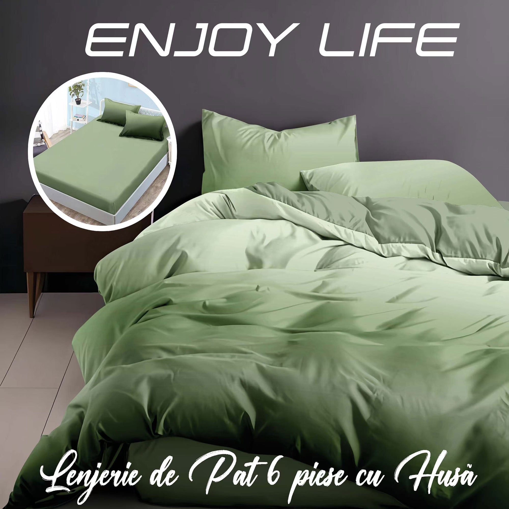 Lenjerie pat dublu Bumbac Finet Gros 6 piese Cearsaf cu elastic universal pentru saltea 160×200/180×200 cm Ralex Pucioasa ENJOY LIFE VERDE