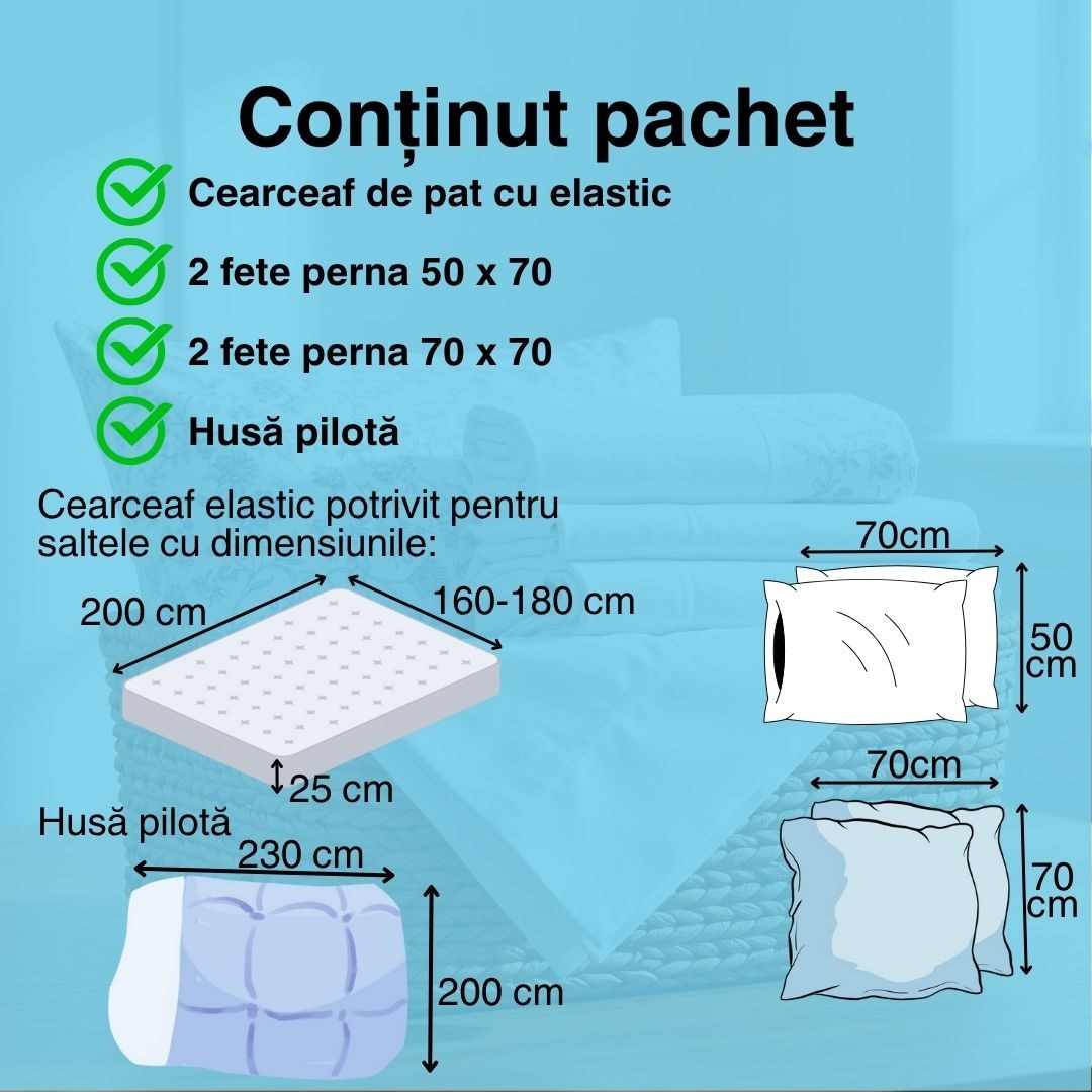 Lenjerie pat dublu Bumbac Finet Gros 6 piese Cearsaf cu elastic saltea 160×200 cm sau 180×200 cm Ralex Pucioasa MIA-VH